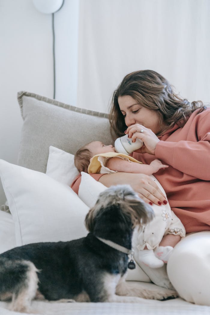 Caring mother feeding newborn baby with bottle while lying on comfortable bed with cute hairy dog in light bedroom at home